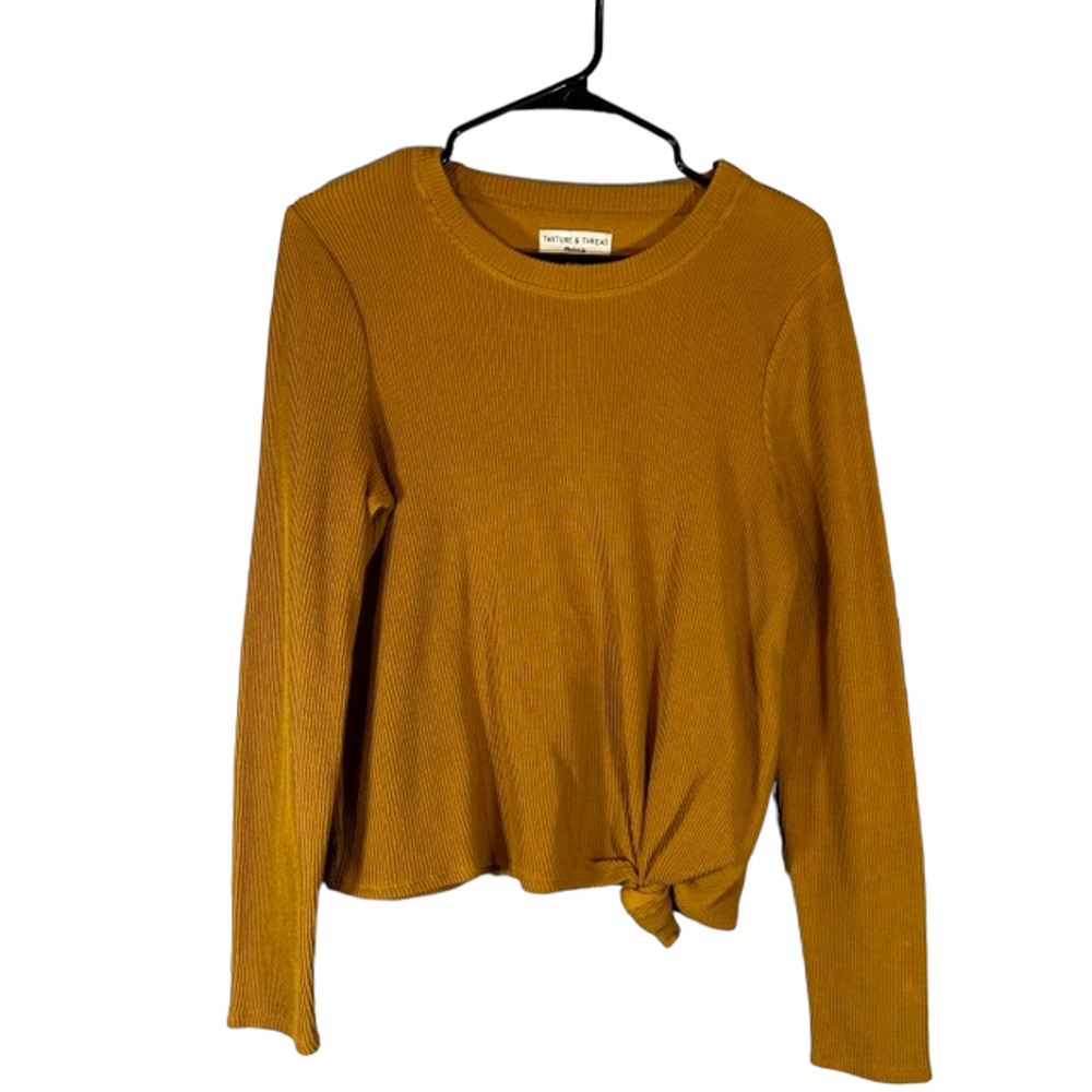 Madewell Textured & Thread Caramel Ribbed Long Sleeve Front Knot Top Women Sz M